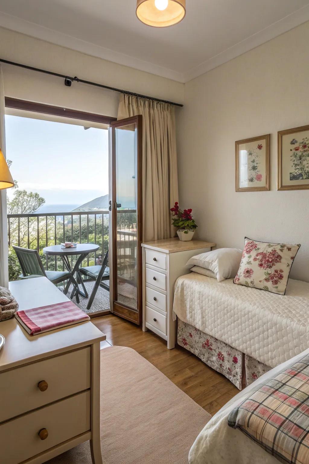 Functional and attractive understated furniture in a bedroom with balcony.