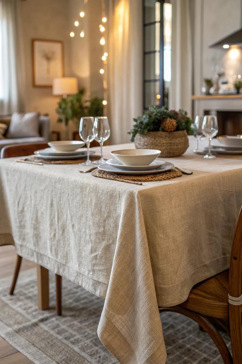 A neutral tablecloth adds texture and warmth.
