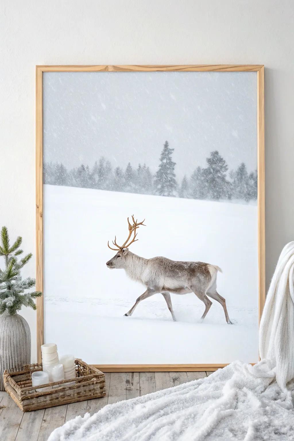 Capture the wonder of winter through this minimalist reindeer painting, where simplicity merges with sophistication in a snowy utopia.