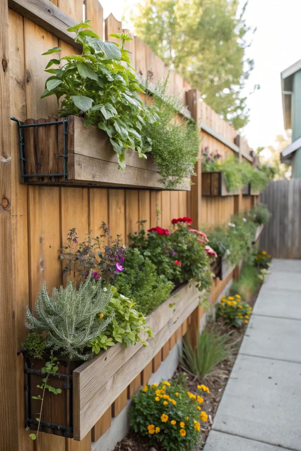 Elevated herb gardens artistically utilize fence space for added verdure.