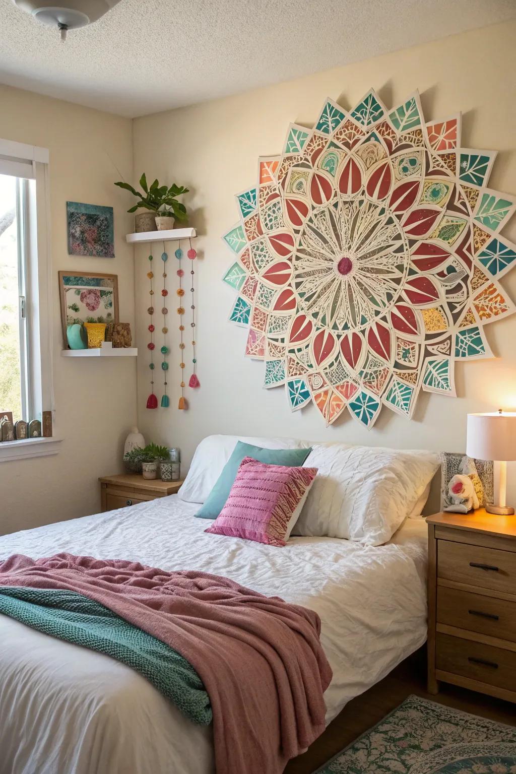 DIY fractal wall art adds a personal and creative flair to a bedroom.