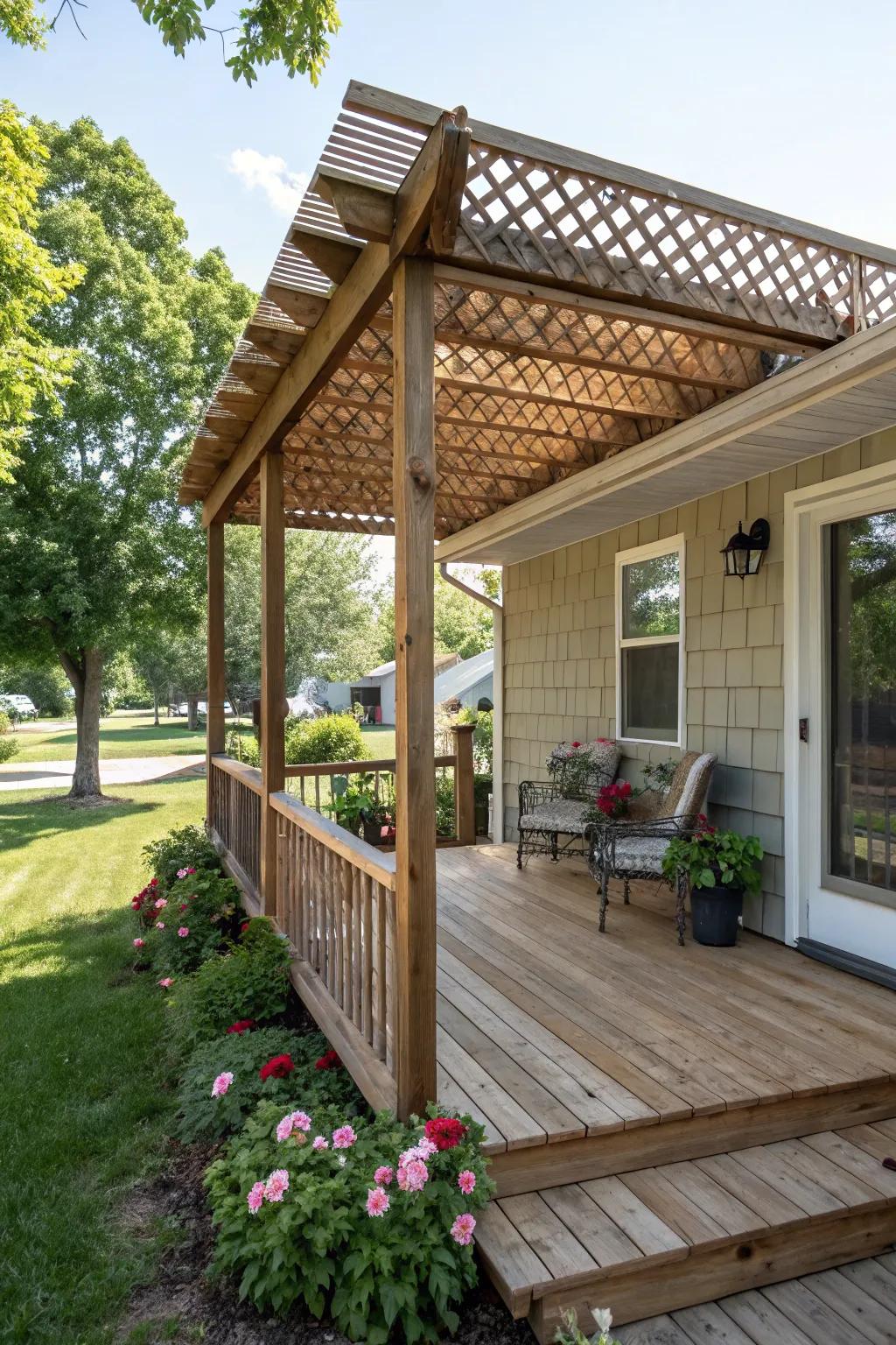 A covered porch offers a space that can be used in all types of weather.