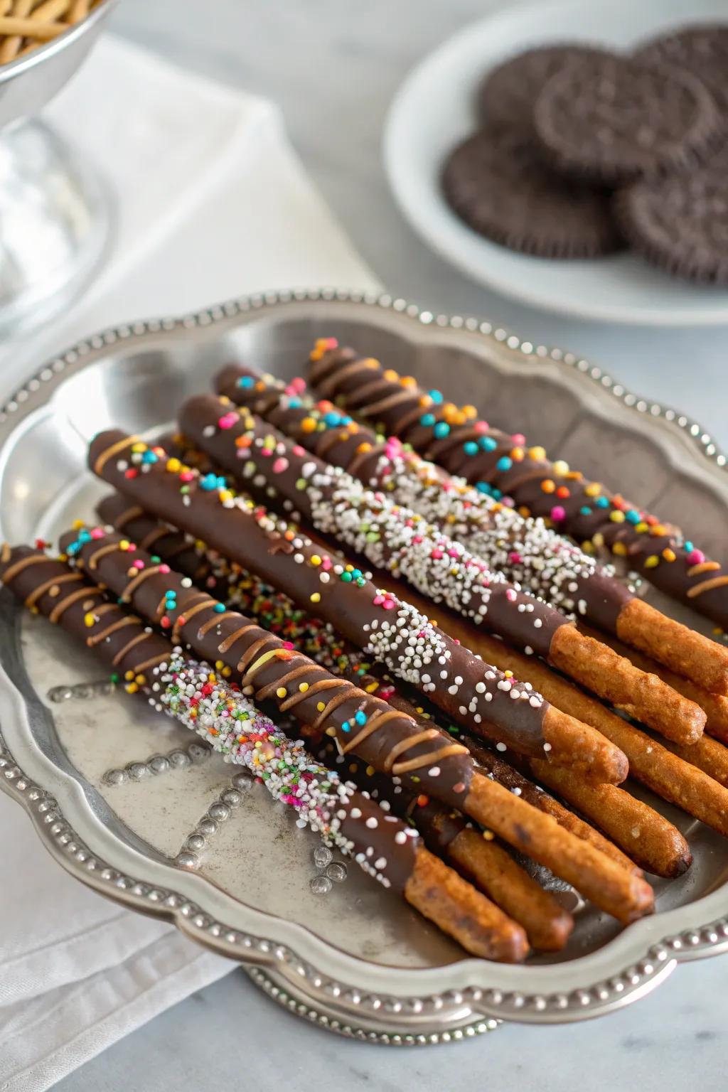 Deliciously sweet and salty chocolate coated snack sticks, a satisfying indulgence.
