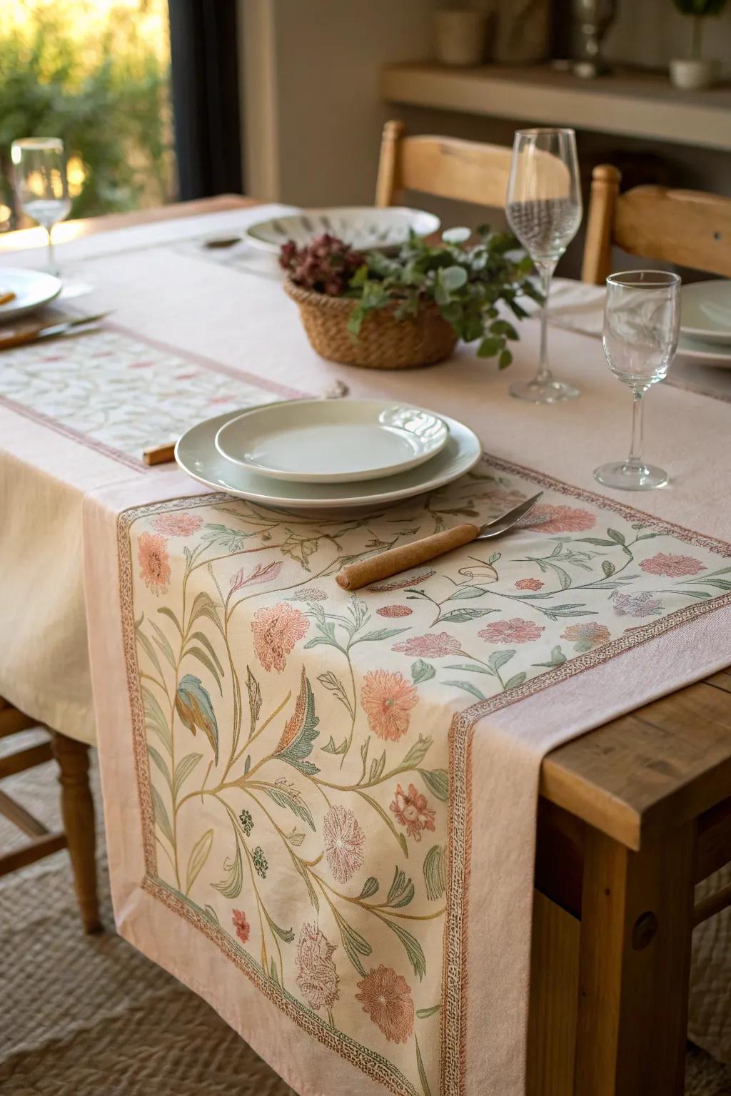 A textile table runner adds interest to the table's setting.