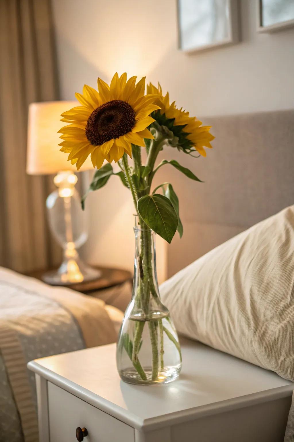 A single sunflower can create a powerful statement in a minimalist setting.