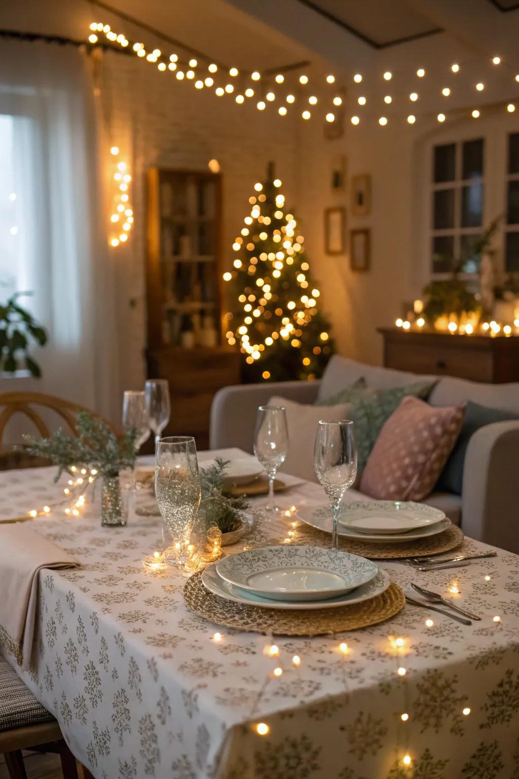 Twinkle lights make the table feel magical.