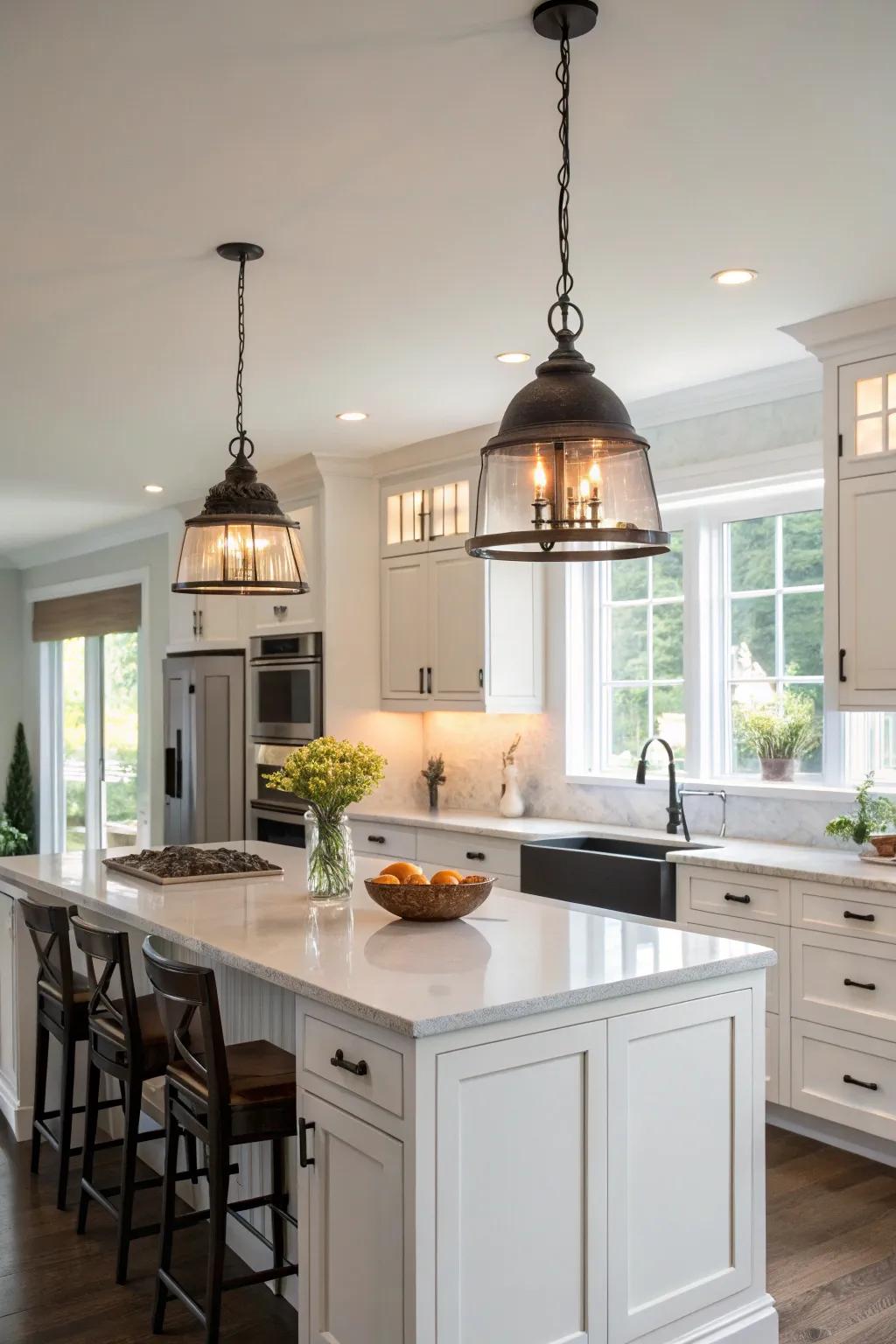 Hanging lights that add character to a white kitchen.