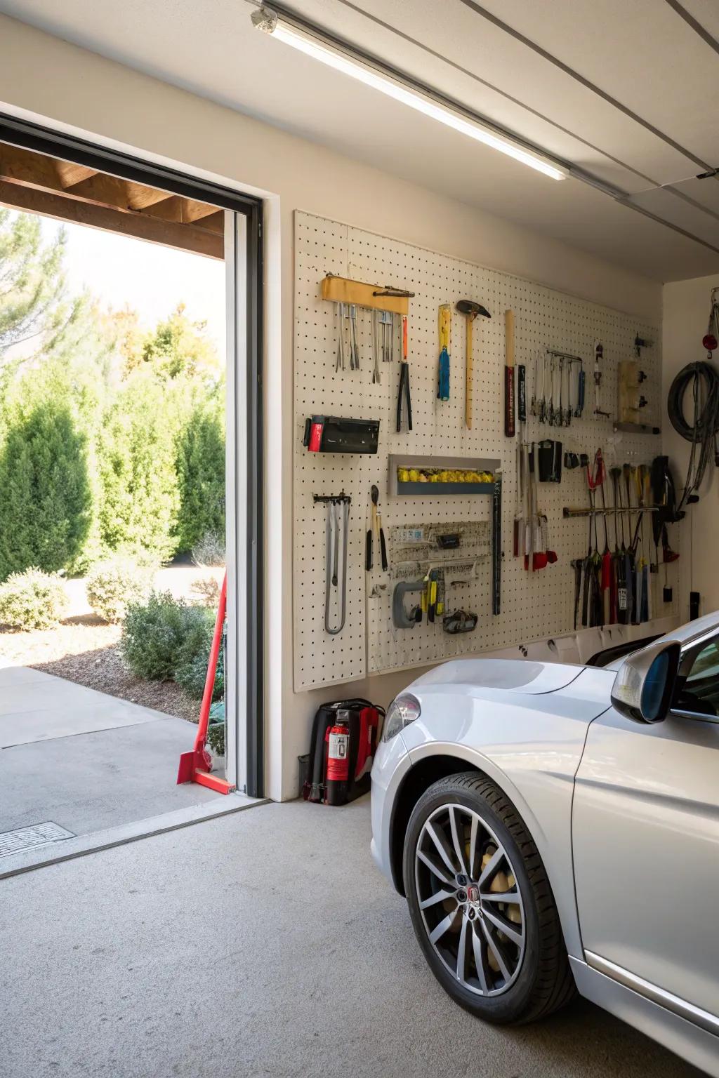 Pegboard walls offer an intuitive method to display and organize tools.