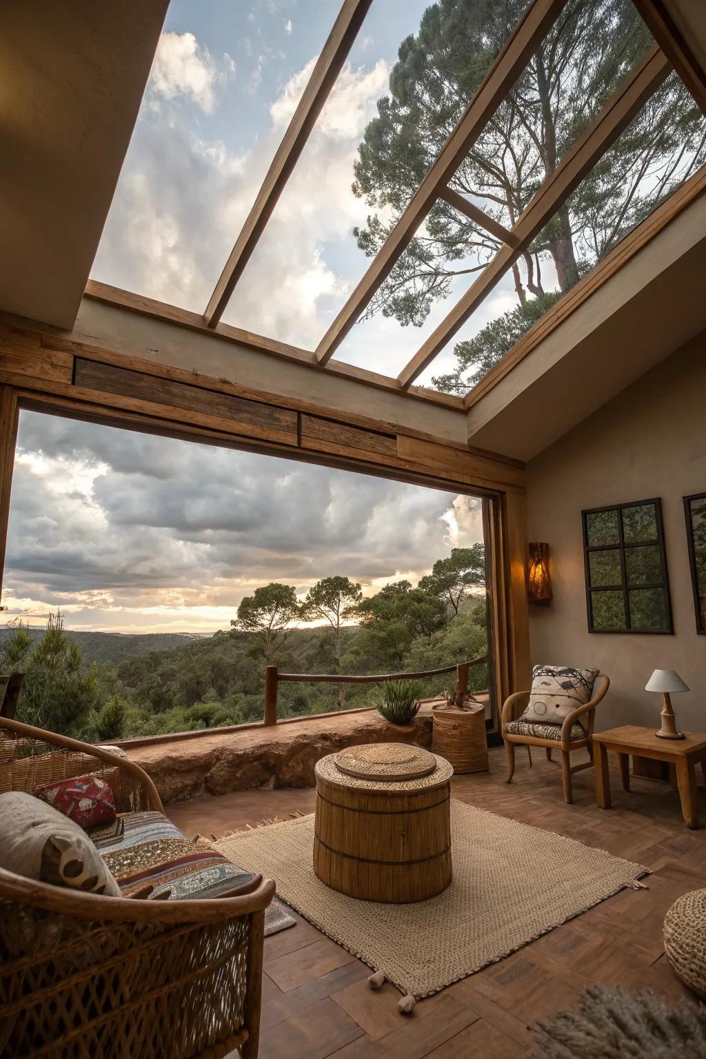 A space with a panoramic skylight view connecting to nature.
