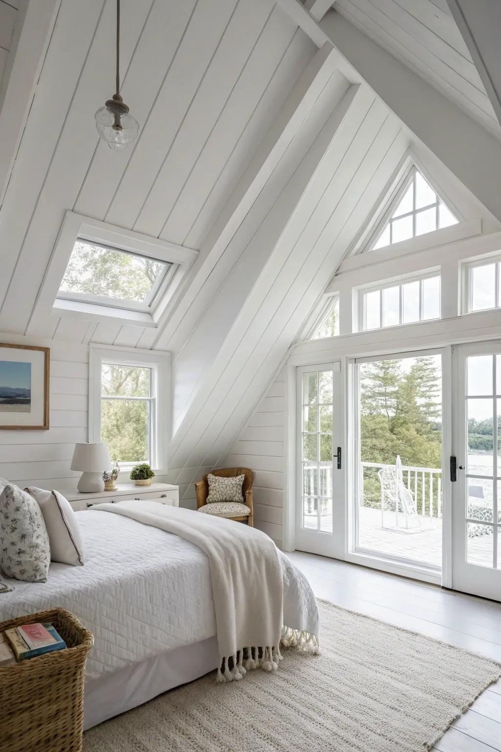 This contemporary bedroom has a clean, airy feel because to the clean white ceilings.
