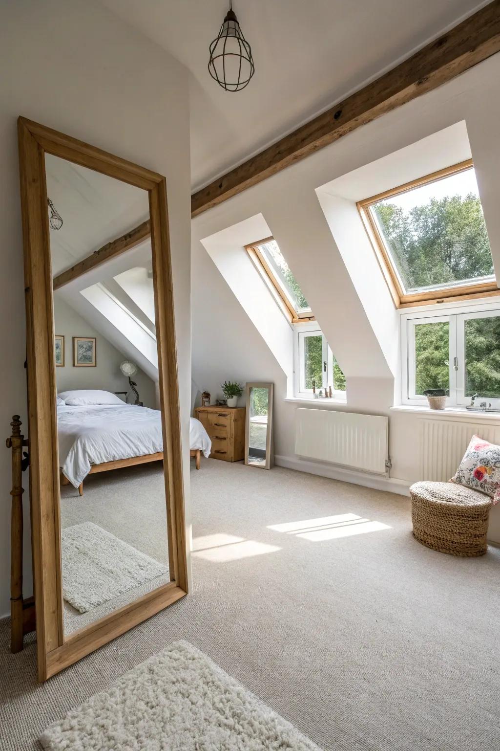 Reflectors in an attic bedroom create a feeling of spaciousness.