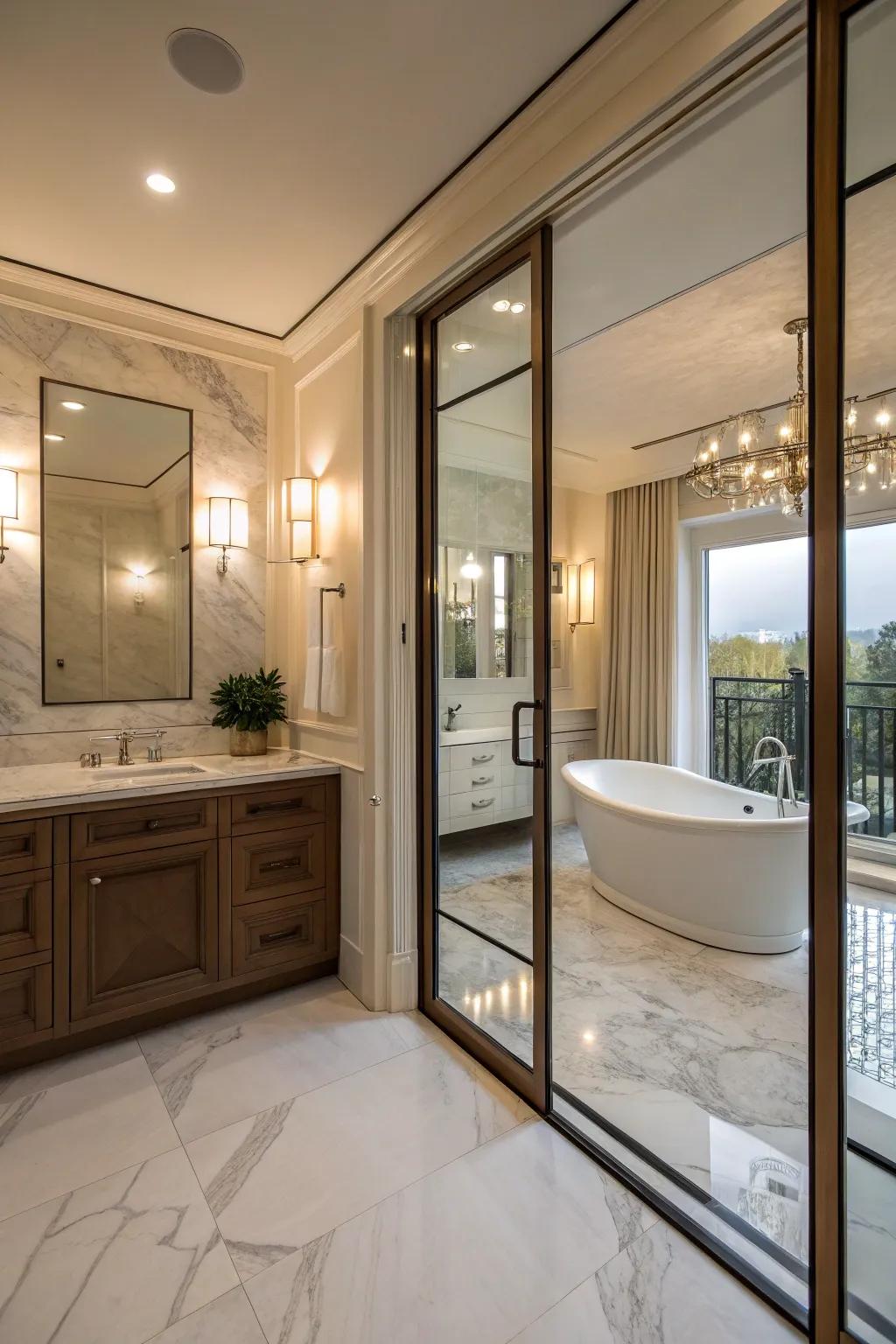 This bathroom is made more opulent by the addition of stylish glass panel sliding doors.