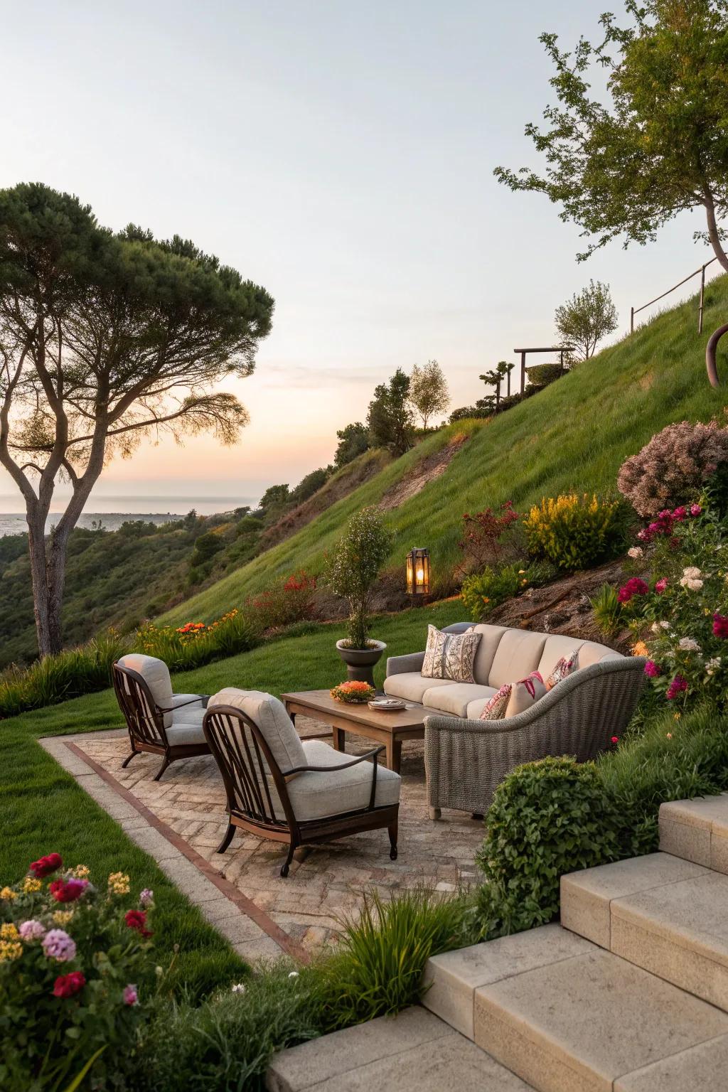 An appealing sitting corner encourages relaxation on this inclined landscape.