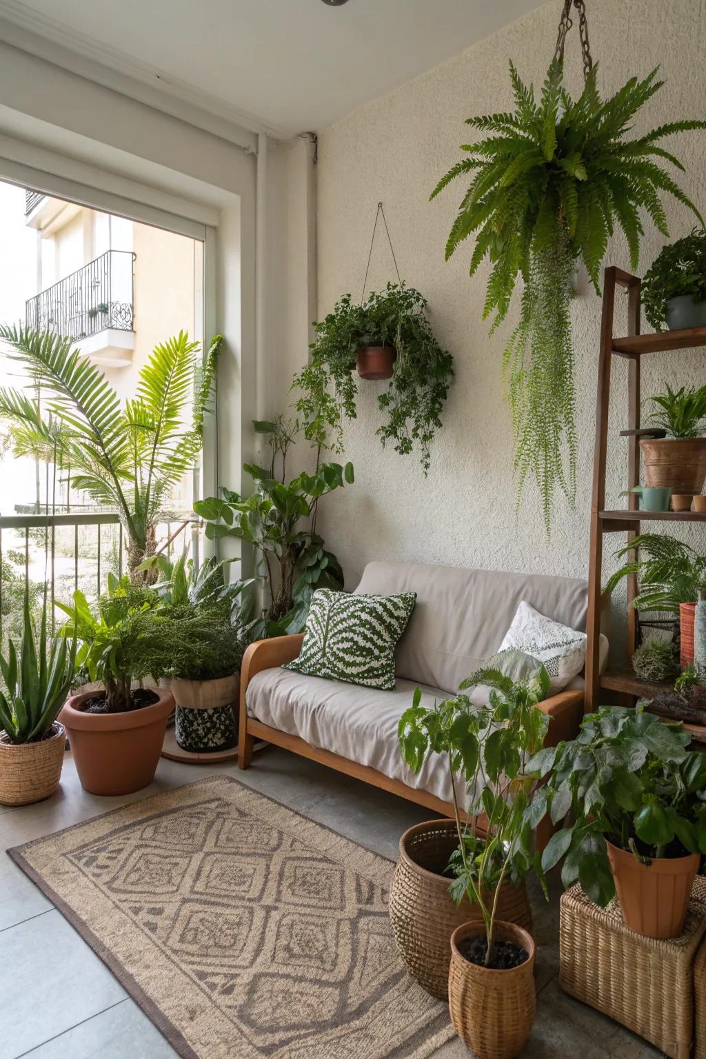 Indoor greens bring a natural element into a small apartment.
