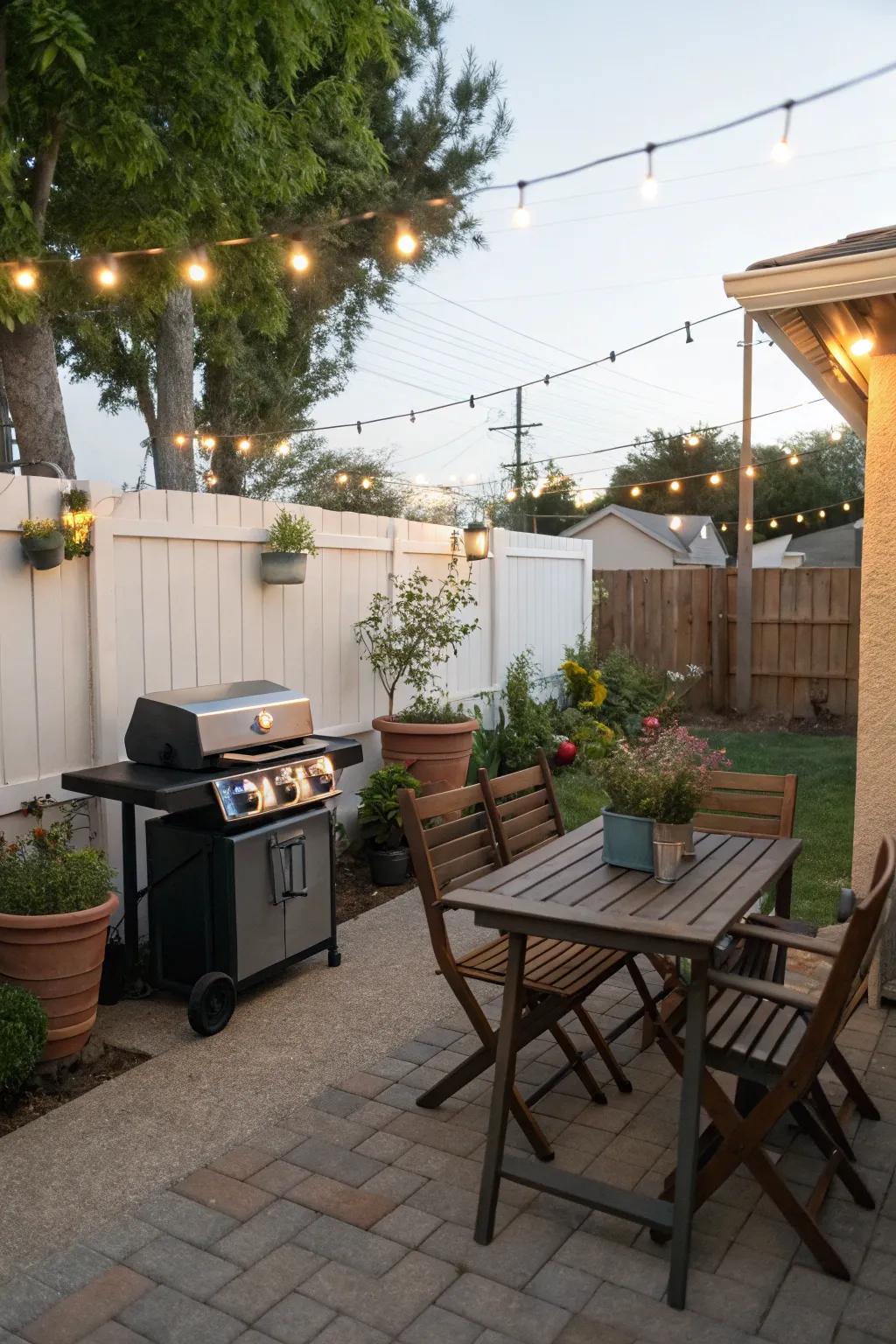 A versatile mobile grill cart in a small backyard patio.