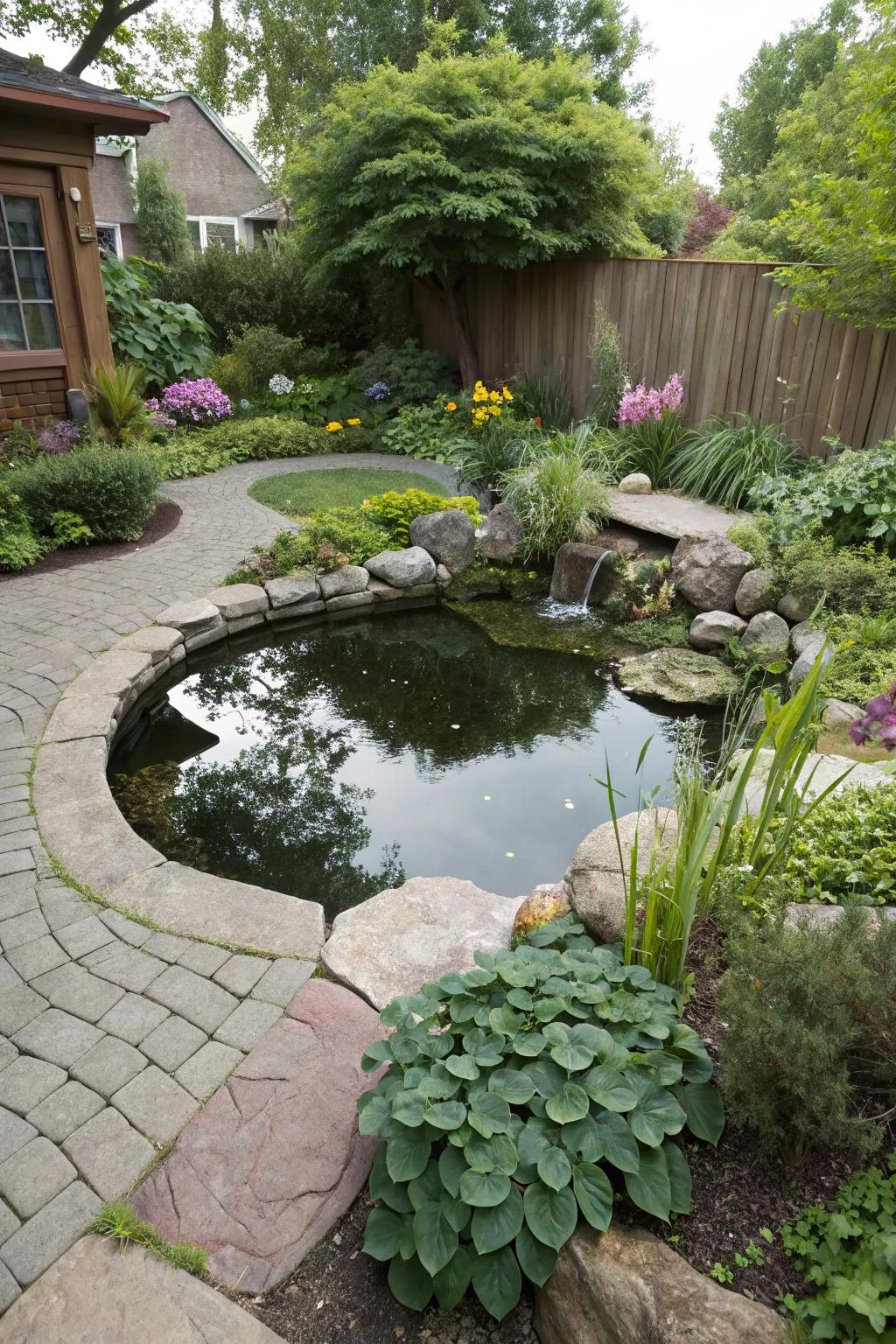 An oval-shaped pond adds a distinctive touch to the garden.