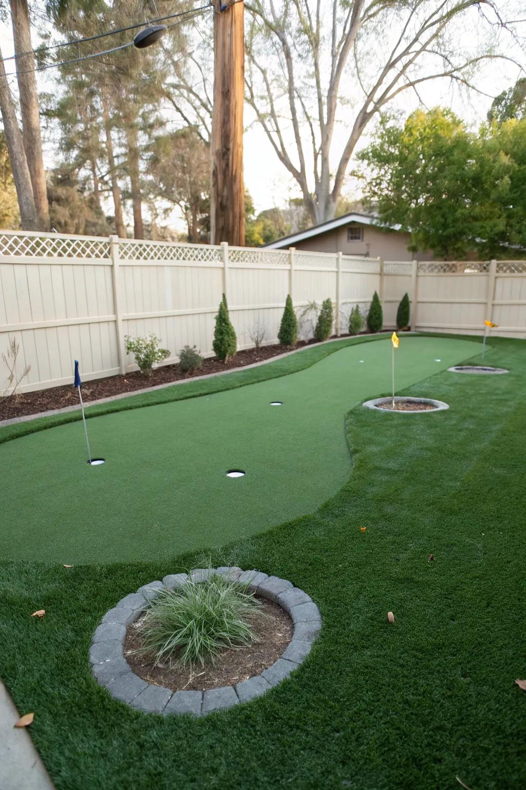 A putting green with multiple holes for a versatile golfing experience.