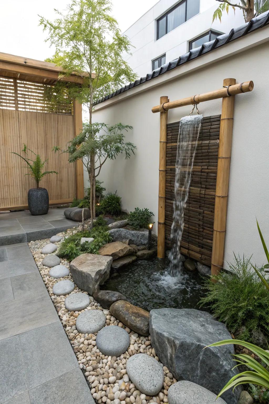 A Tranquil garden cascade creates a peaceful and meditative backyard.