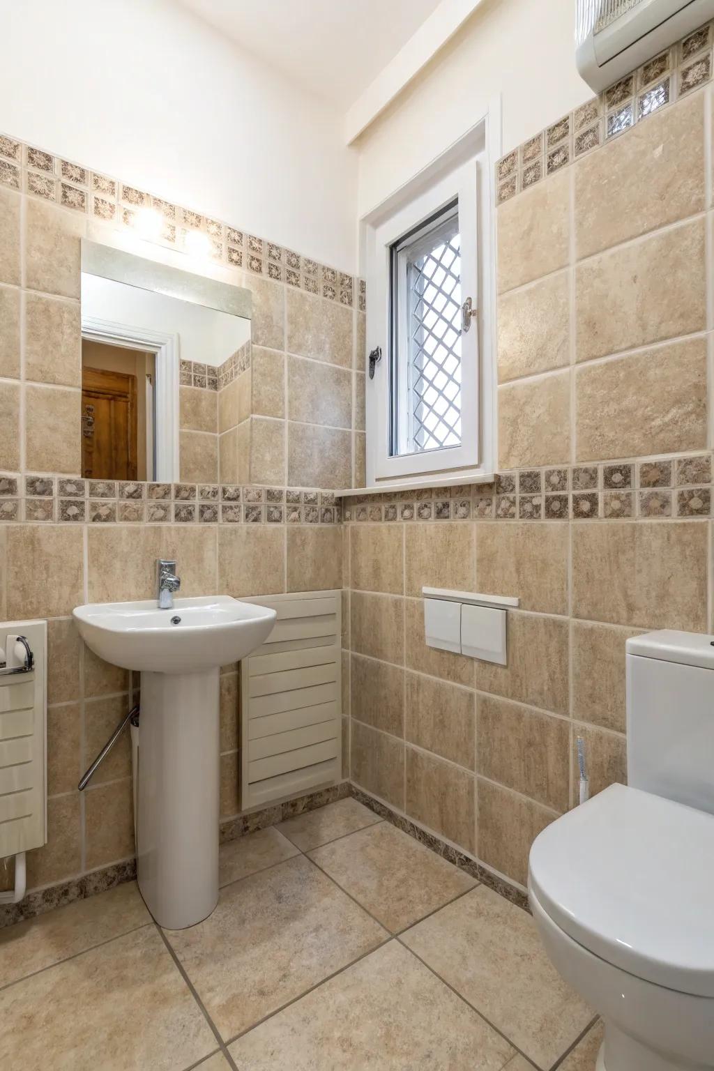 Coordinated tiles on floors and walls create a seamless, unified aesthetic.