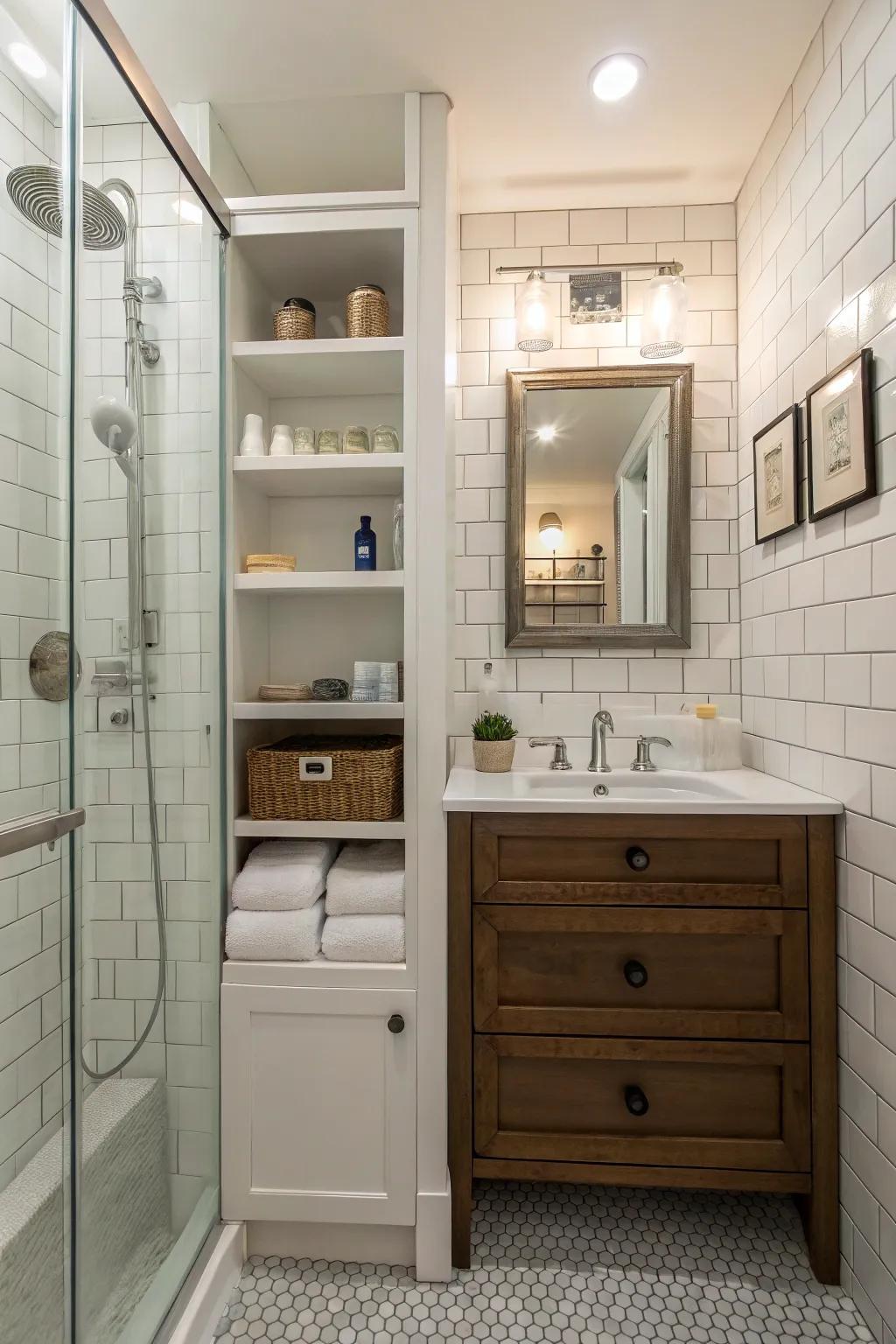 Efficient use of area with built-in shelving in a small bathroom.