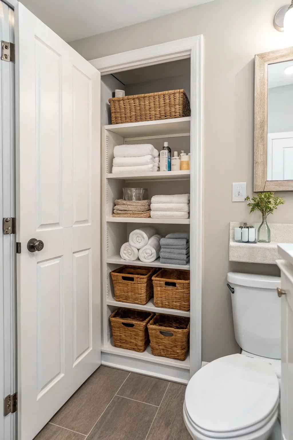 Open shelving adds utility without clutter.