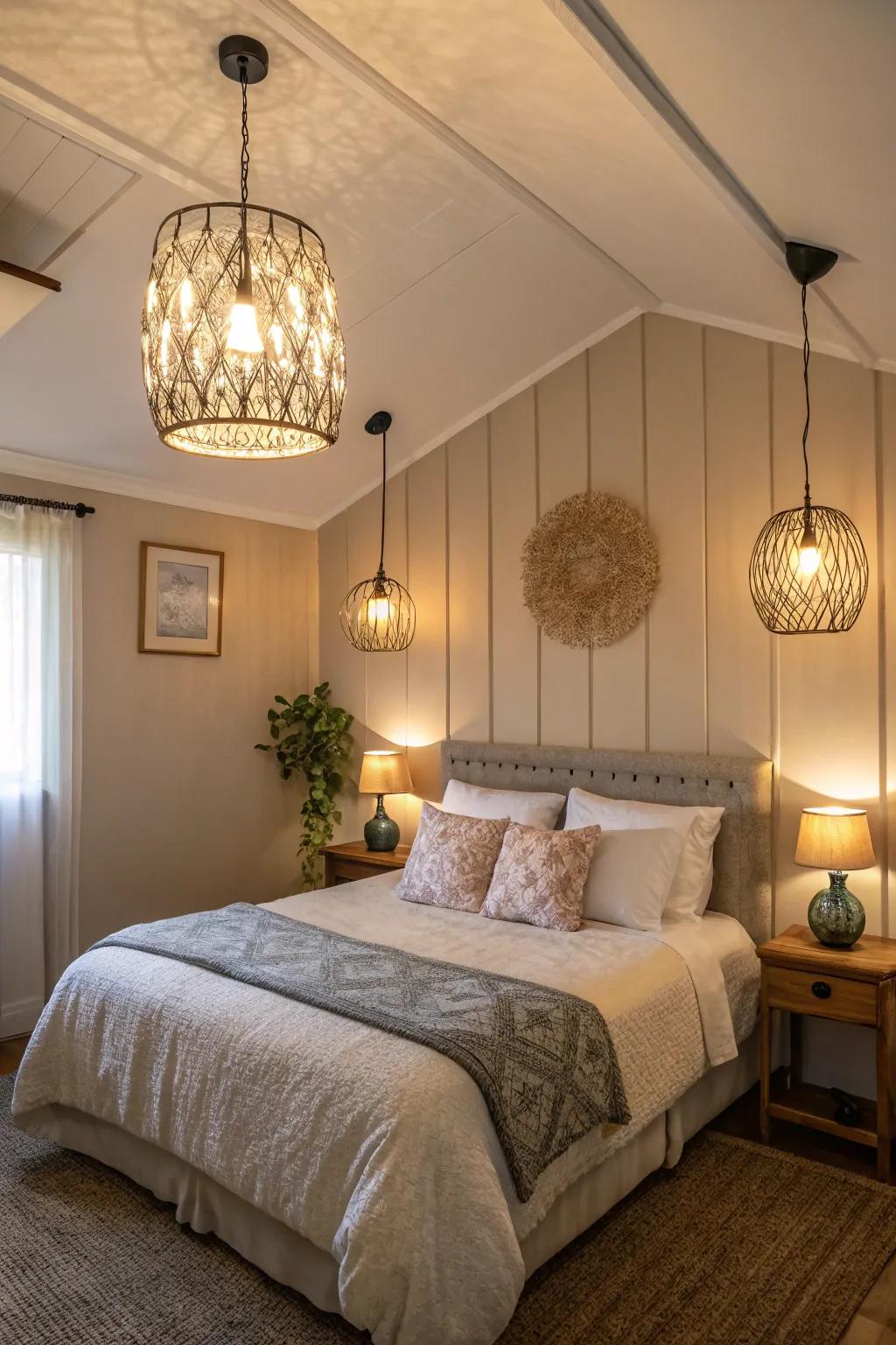 A small bedroom illuminated with pendant lights and lamps for a snug atmosphere.