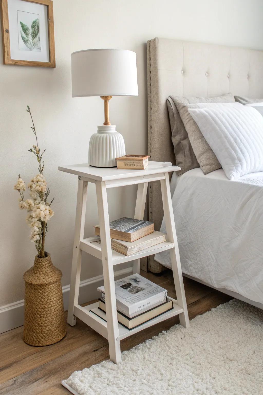 A multi-level stool provides stylish simplicity as a bedside table.