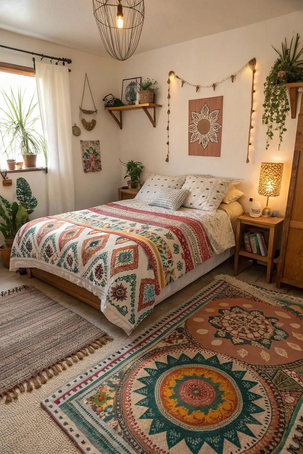Merged patterns introduce visual appeal and individuality to this boho bedroom