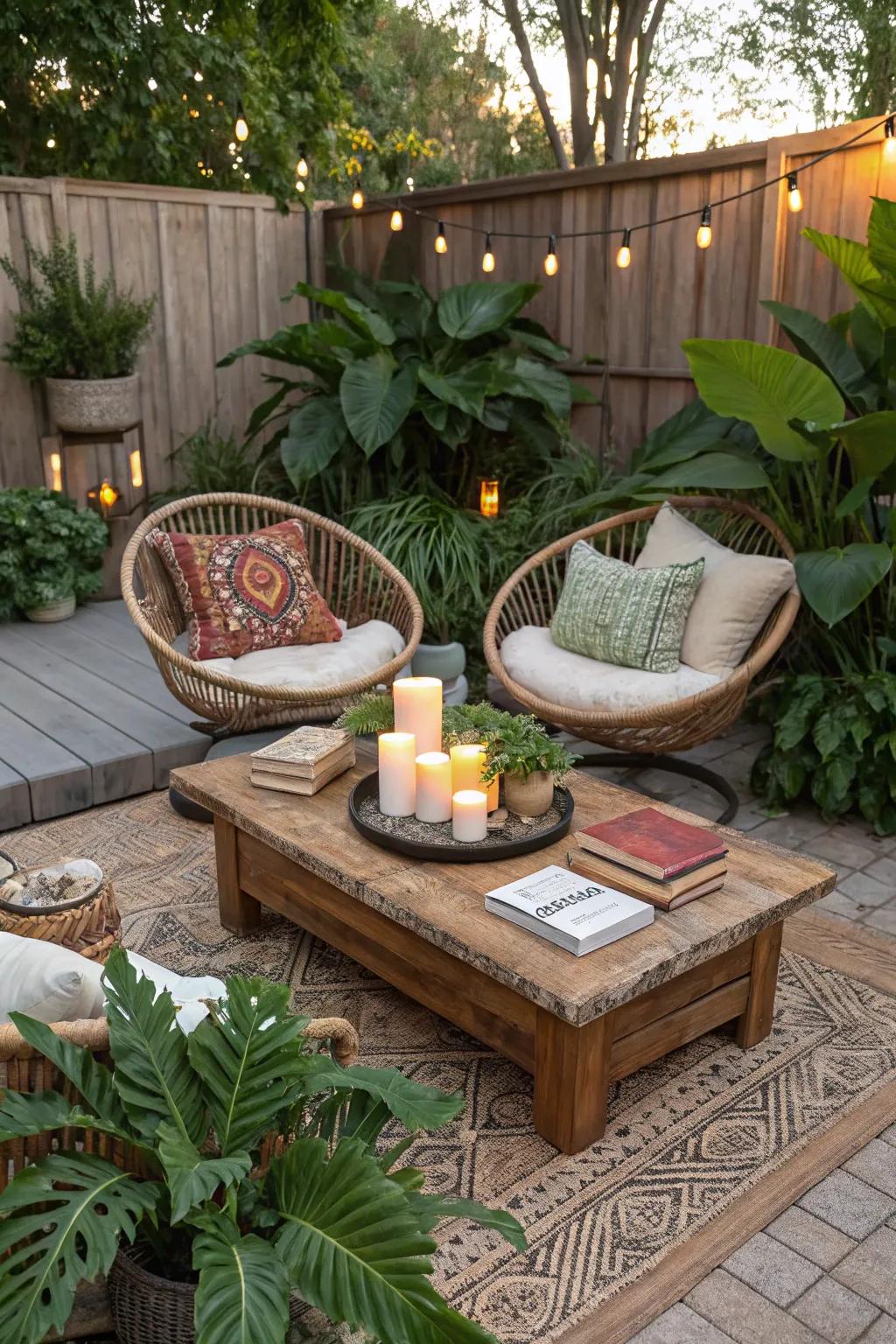 An organic coffee surface serves as a centerpiece for a boho patio.
