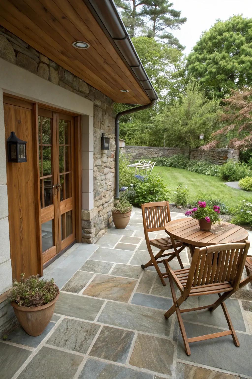 Mixing materials introduces depth and texture to a smaller patio.