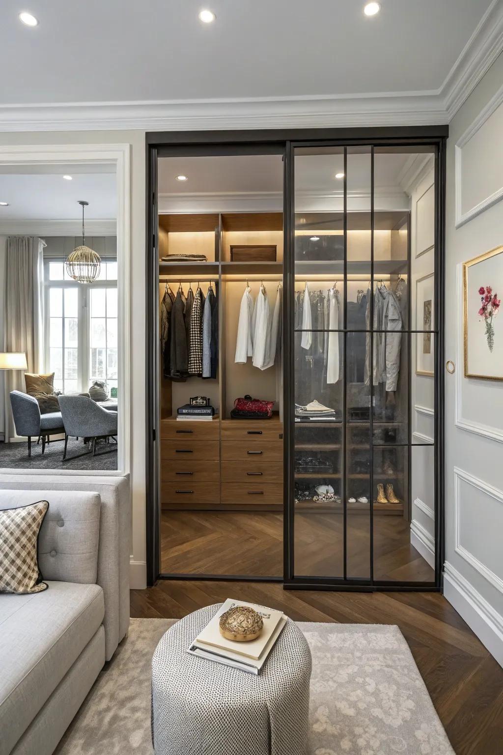 Glass panels enhance the space with light and openness.