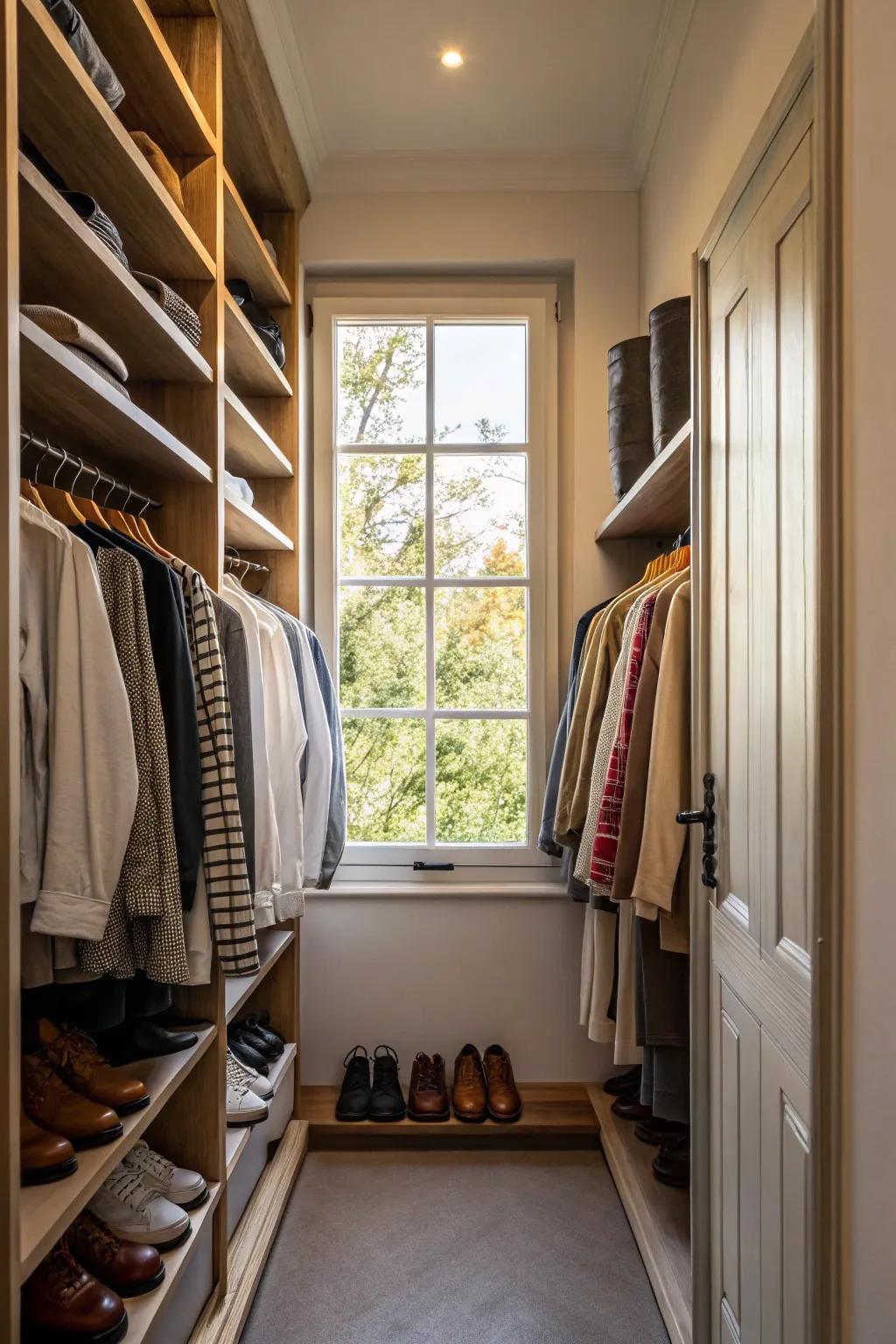 Sunlight floods a small, welcoming closet.