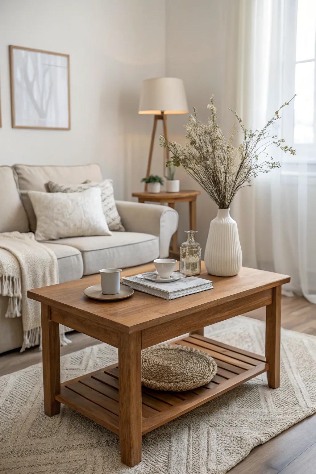 Simple timber tables introduce warmth and refinement to small areas.