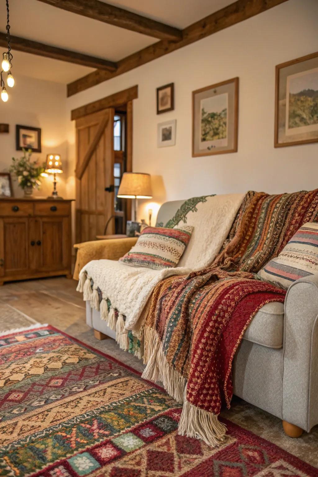 Overlapping fabrics contribute extra warmth and depth to this cozy living room.