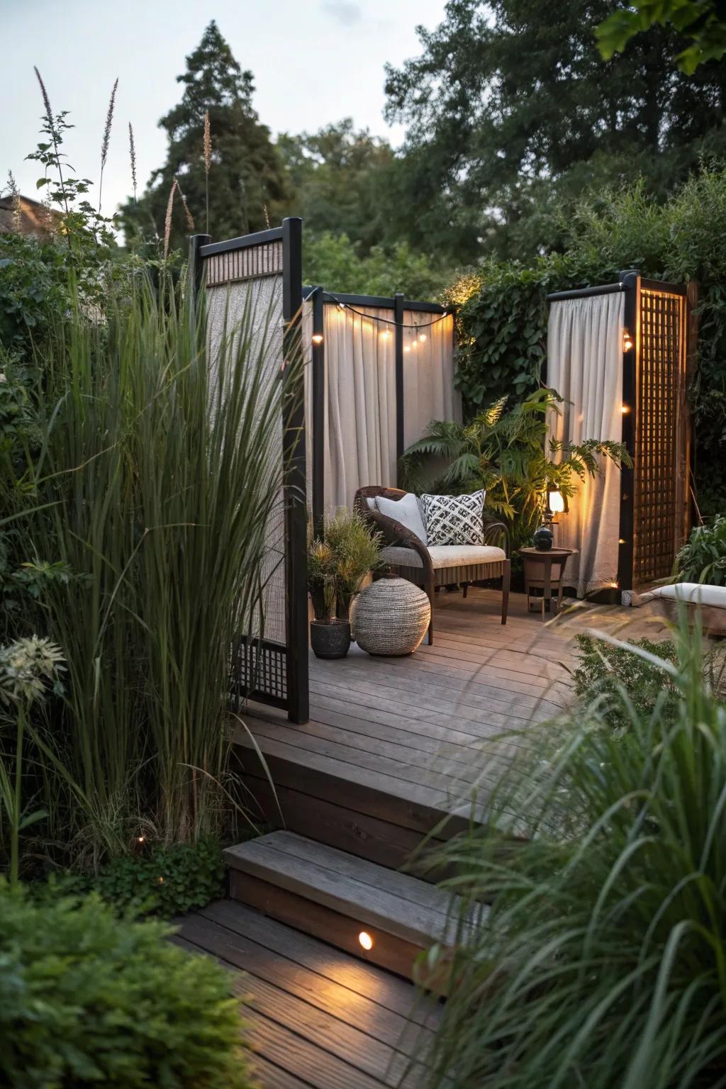 Plants and screens provide seclusion and enhance privacy.