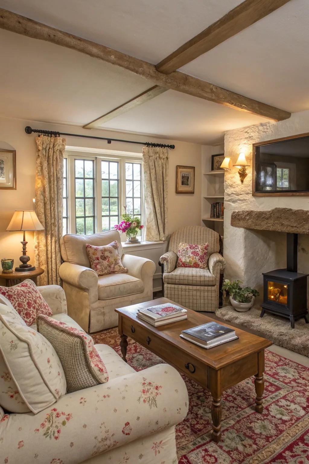 Soft furnishings with loose coverings encourage relaxation in this cottage living space.