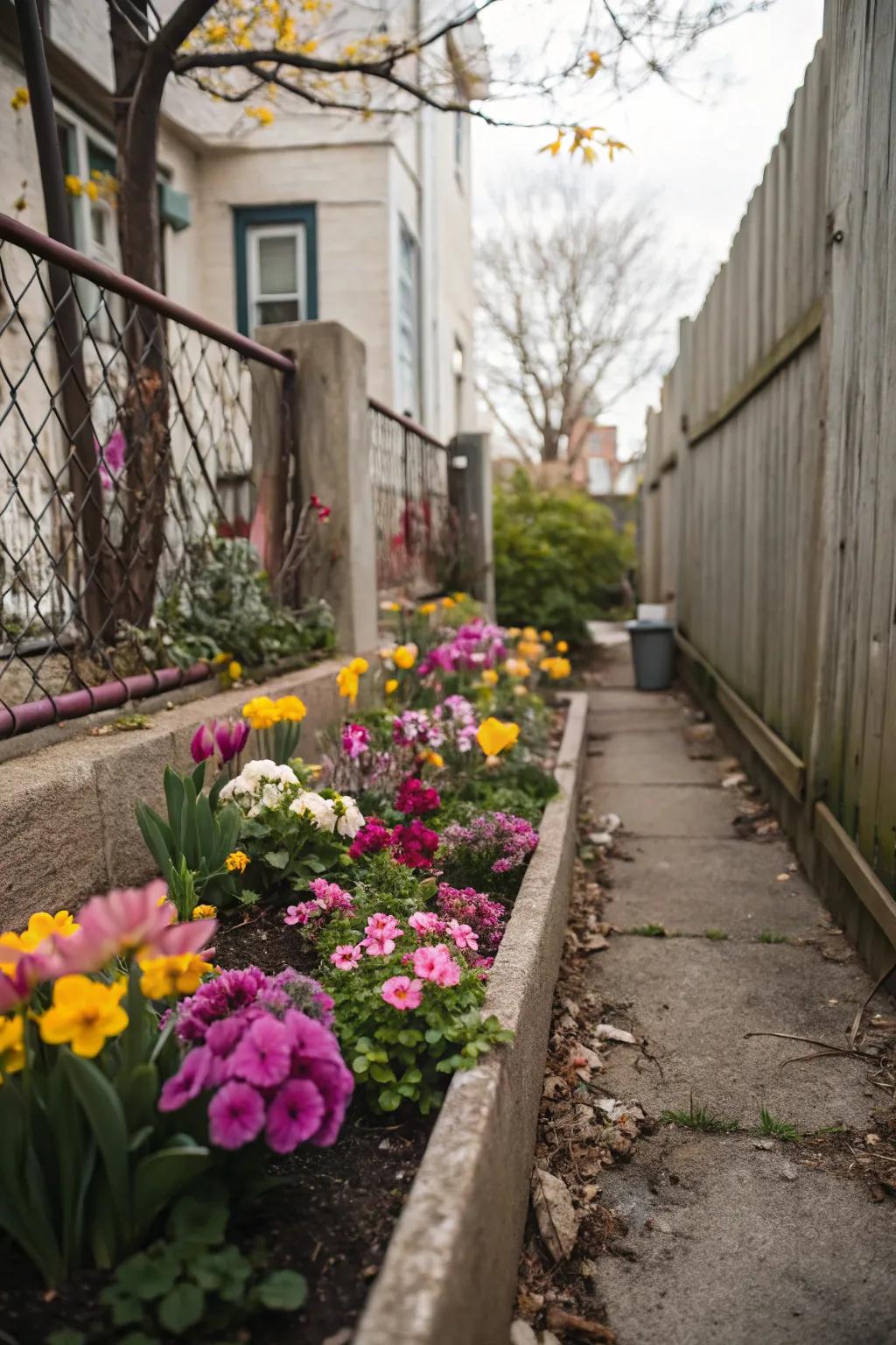 A small, vibrant flower bed nestled into a slender side yard.