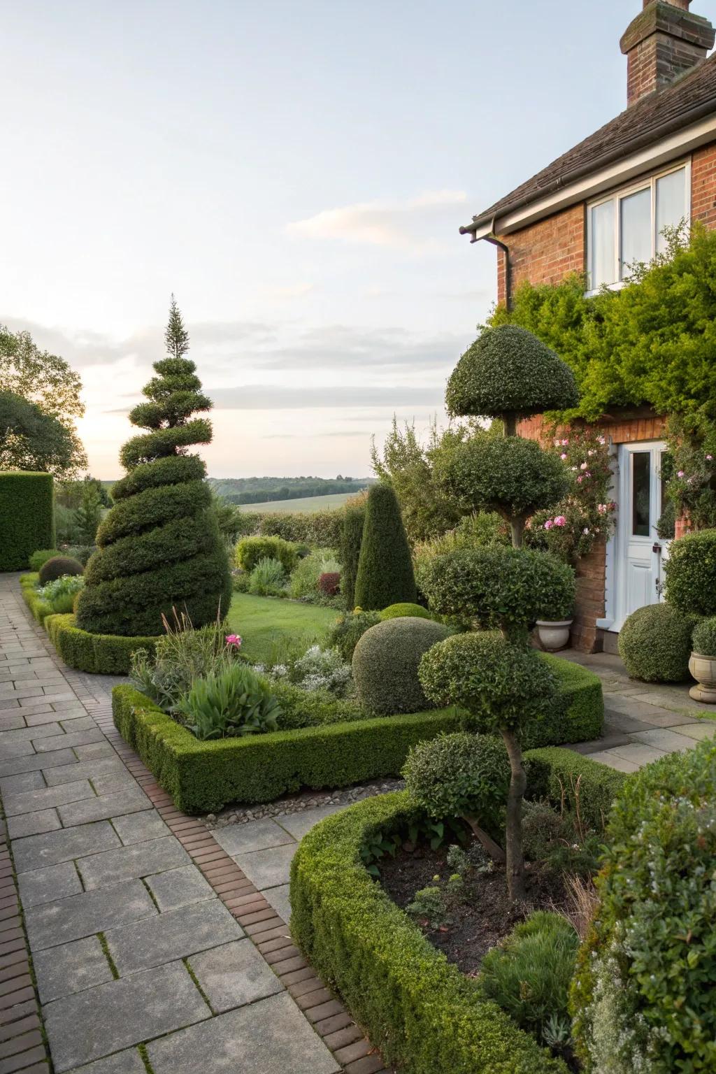 Imaginatively sculpted topiary shrubs bring a whimsical touch to the garden.