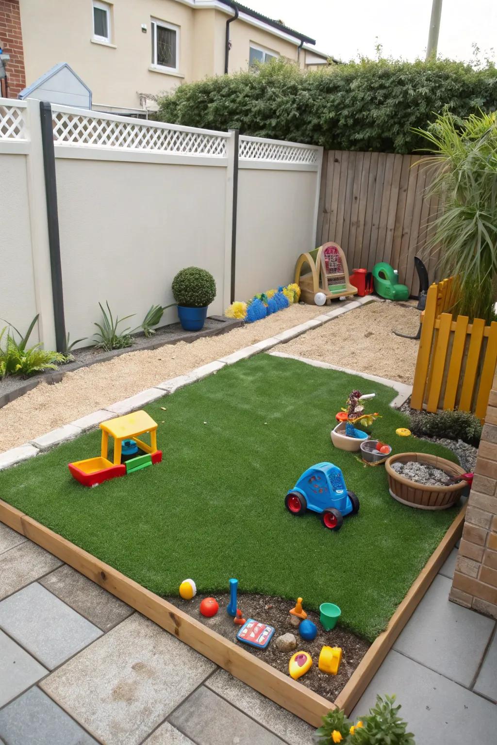 A delightful play area for children with synthetic turf.