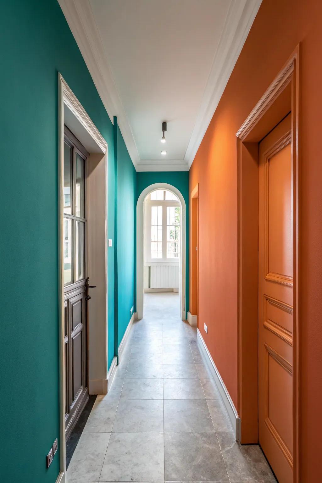 A two-tone wall design can bring character and visual interest to small hallways.