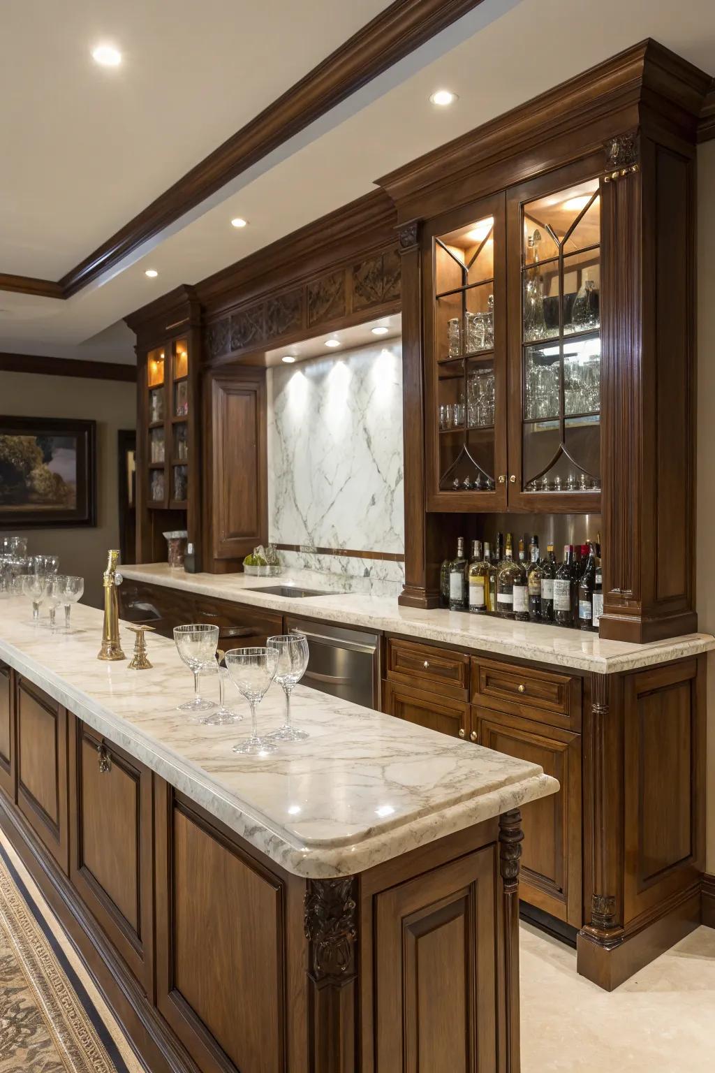 Premium materials introduce a hint of elegance to any home bar design.