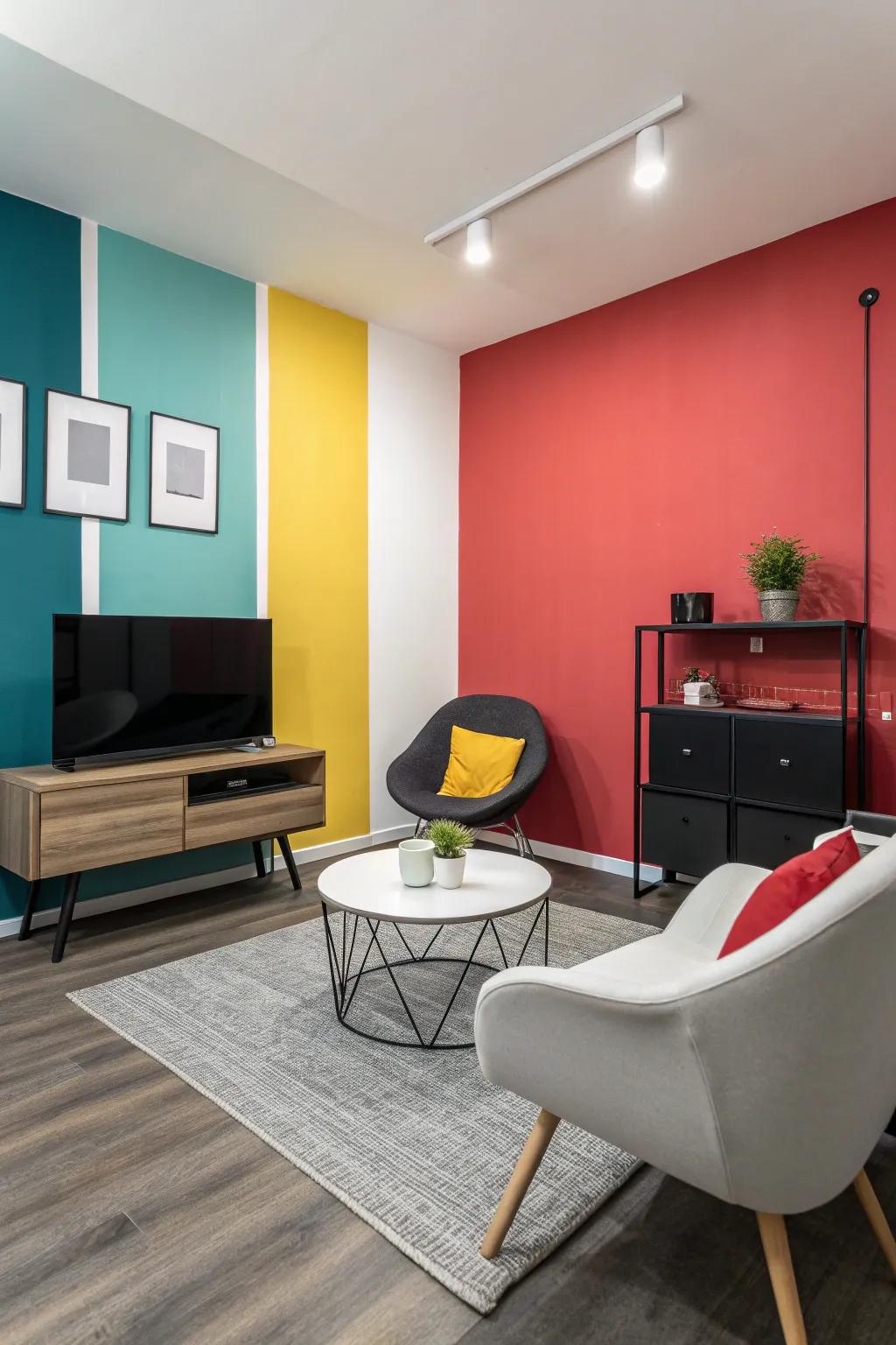 A small living room showcasing color-separated walls for a vibrant aesthetic.
