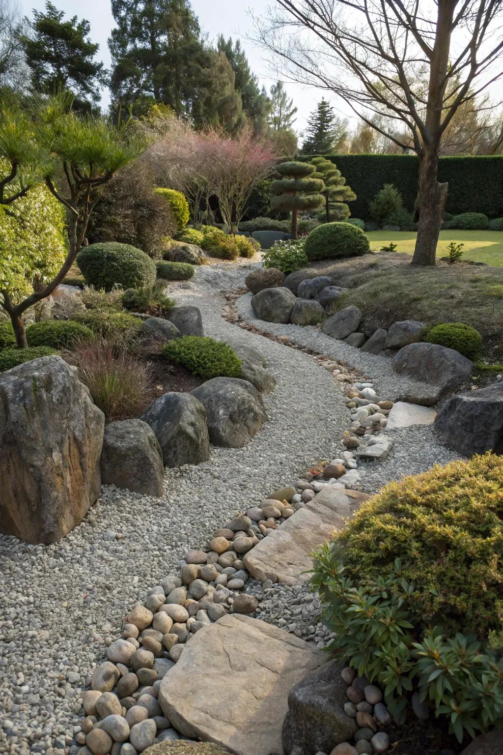 A dry creek bed enriching texture and visual appeal.