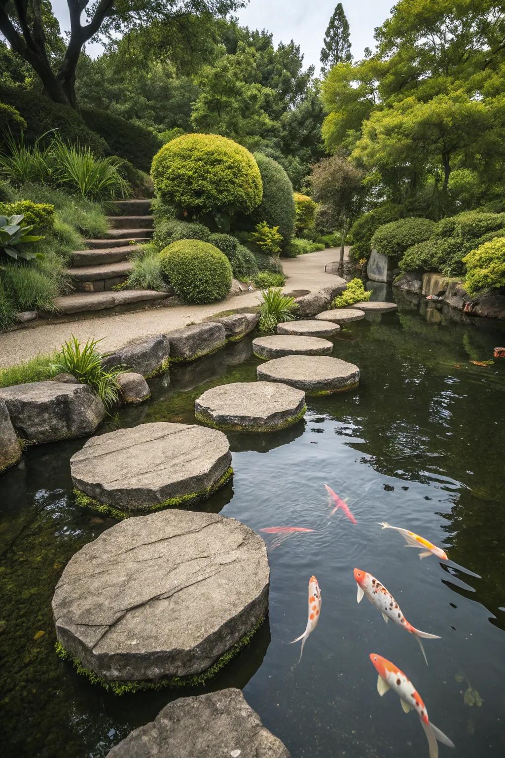 Enchanting steps float across a serene fish haven.