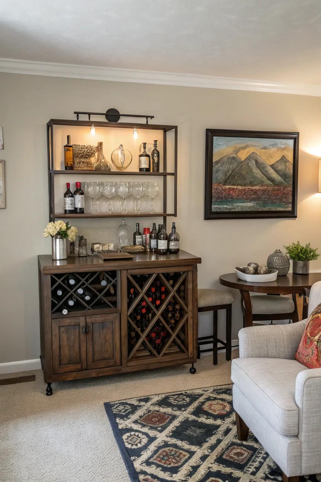 Artwork enhances the bar as a focal point.