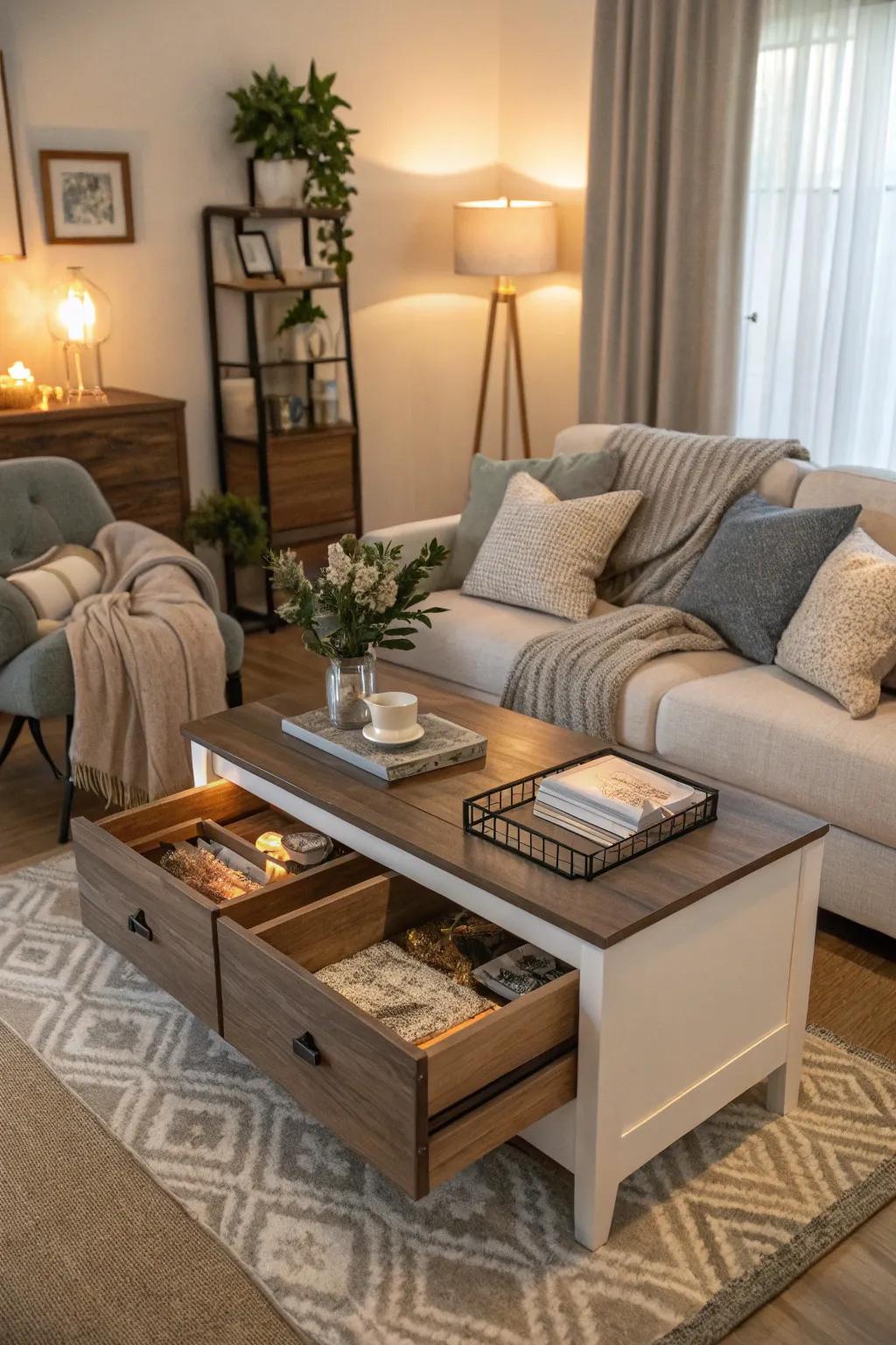 A coffee table with storage helps maintain a clutter-free space.