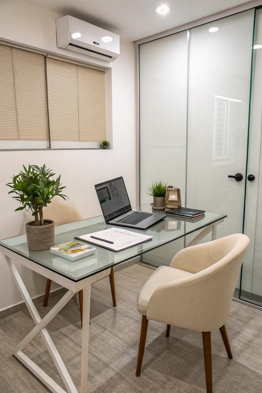 Glass furnishings in a small office improve openness and light.