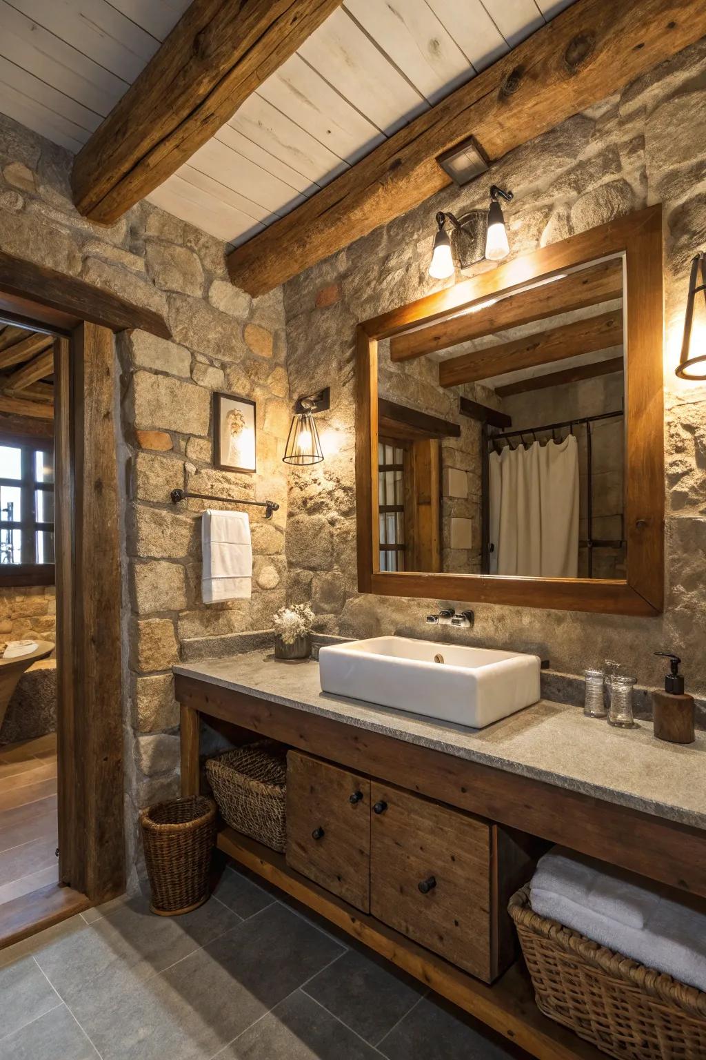 Large mirrors increase space in a country bathroom design.