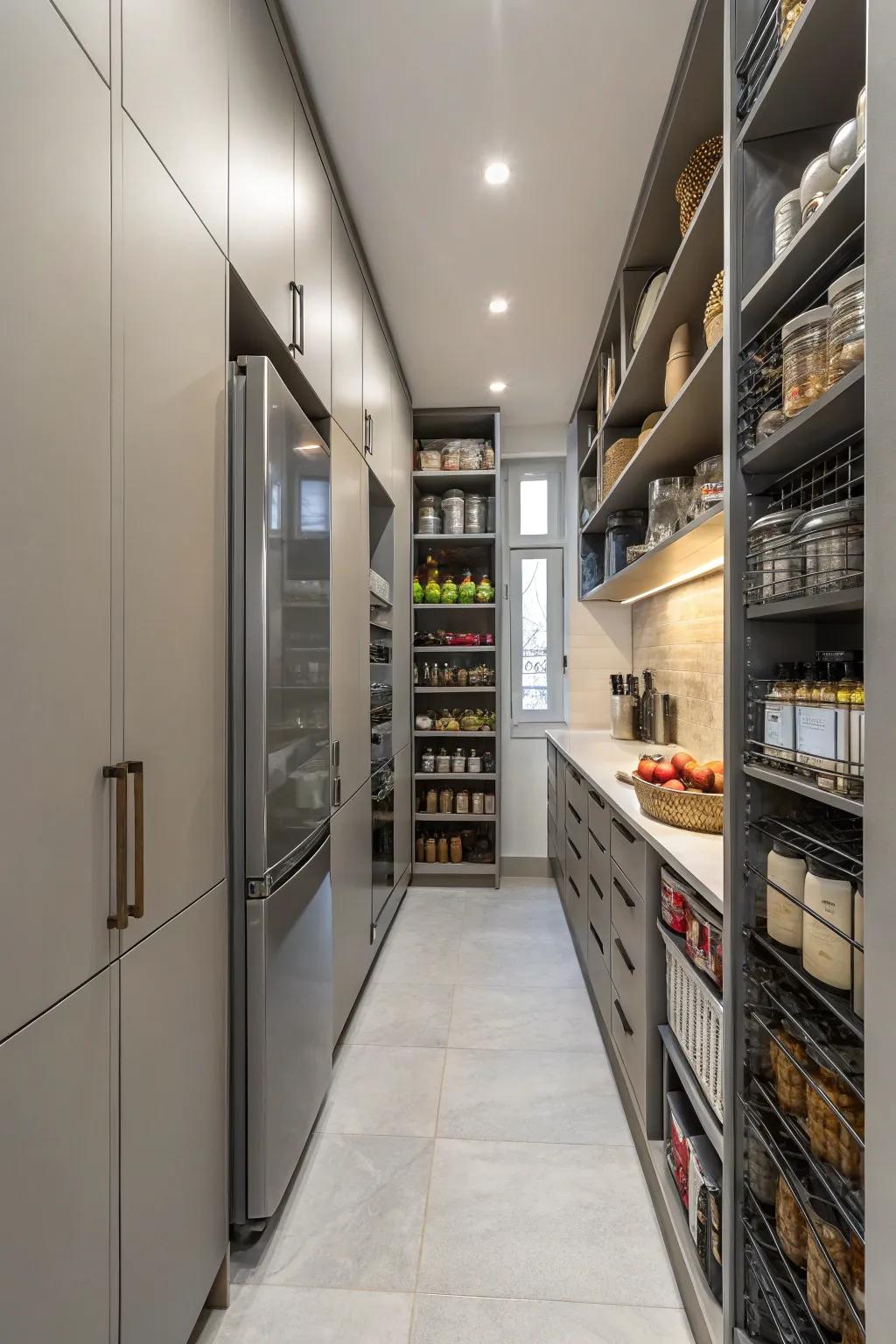 In this small kitchen, upward storage maximizes space.