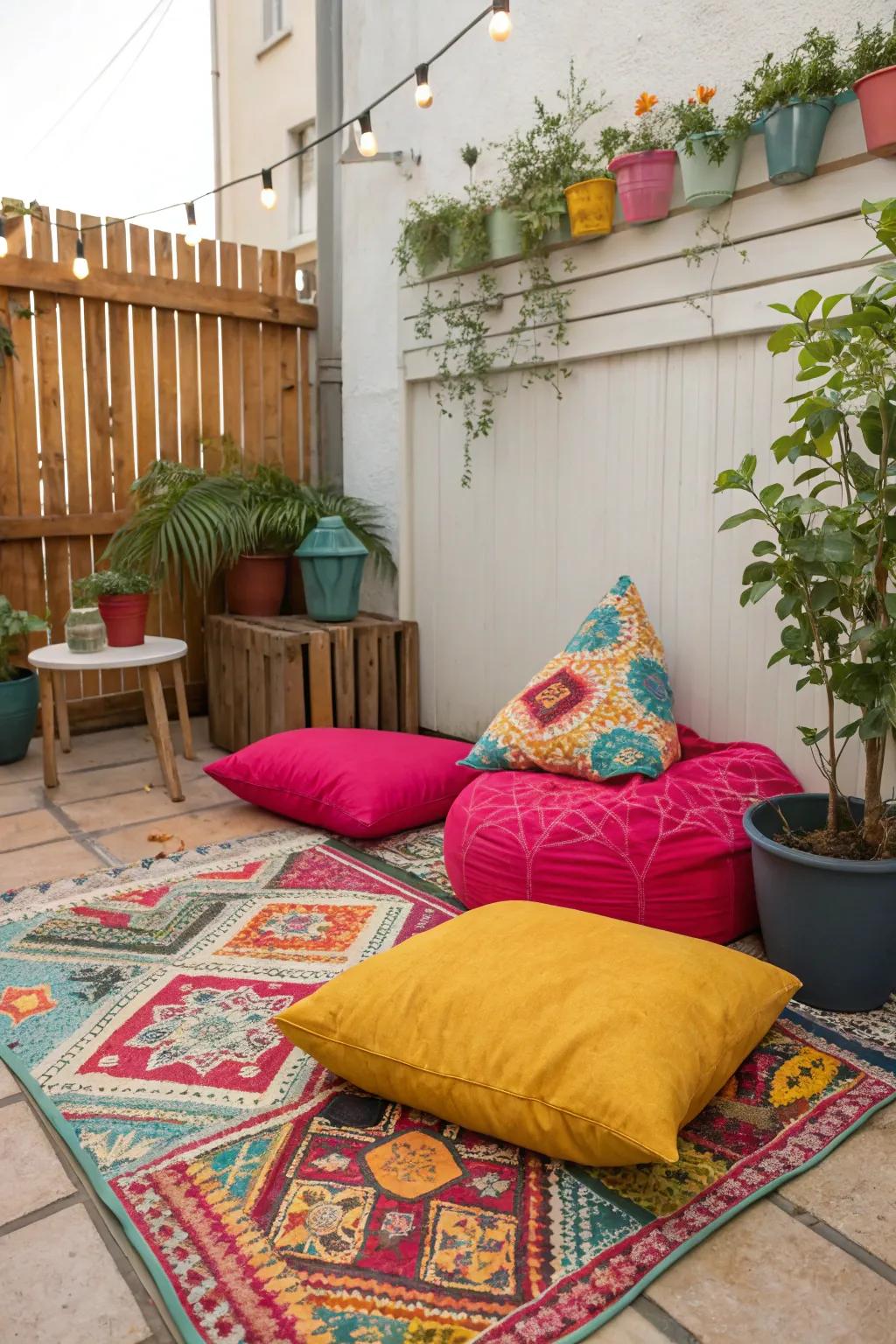 A small patio enlivened with vibrant highlights and textiles.